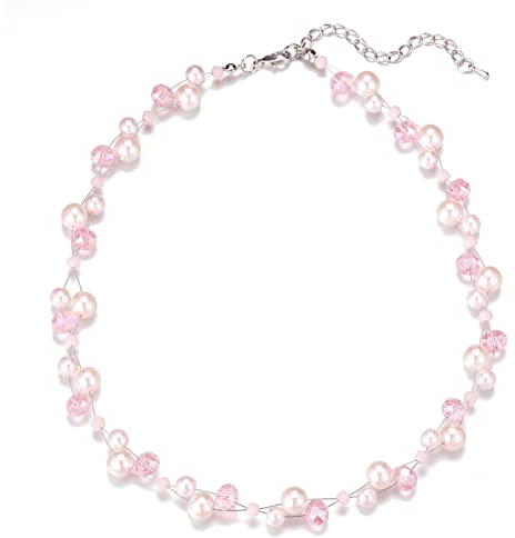 Bulinlin Damen Kristall Perlenkette Silber Boho Statement Choker Halskette für Frauen Modeschmuck Geburtstagsgeschenke（light pink）
