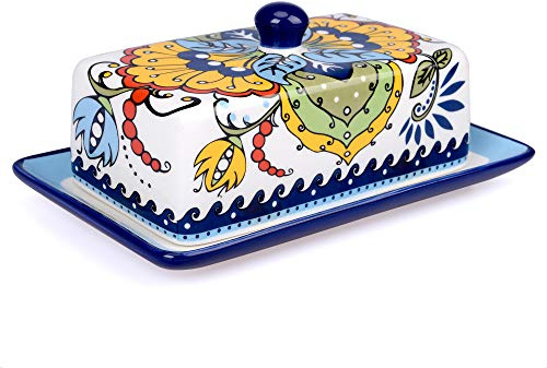 INCETUE Beurrier en porcelaine peinte à la main vintage cloche à beurre en céramique multicolore pour 250 g de beurre avec couvercle avec poignée, cloche à fromage décorative 22 x 13 x 12 cm