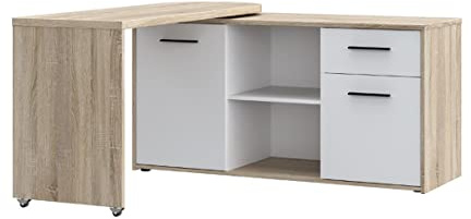 Meubletmoi Alkira Eckschreibtisch, drehbar auf Rollen, 144 cm bis 232 cm, 2 Türen, 2 Nächte, 1 Schublade, Dekor Holz hell und weiß