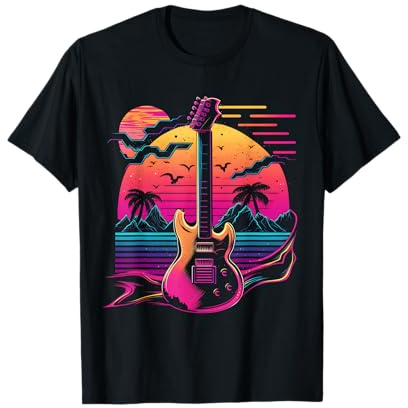 Vintage Guitar Music Band Rock Retro Vaporwave T-Shirt für Männer und Frauen, Unisex, Schwarz, Kurzarm, Klein, Klassische Passform, Musik, Retro Design