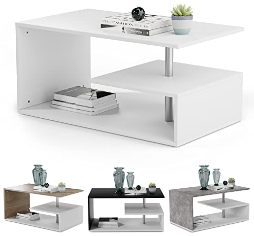 MIADOMODO® Couchtisch - 90x50 cm, mit Stauraum, Modern, Eckig, Asymmetrisch, Leicht, Lang, Niedrig, Weiß mit Betonoptik/Eichenoptik/Grau - Wohnzimmertisch, Sofatisch, Kaffeetisch (Weiß)