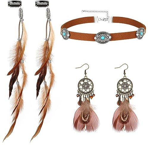 MWOOT Fjäder hårsmycke clip, indianer fjäder hårförlängningar damer, retro drop läder choker halsband, drömfångare örhängen, boho tribal smycken set för kvinnor karneval cosplay tribal kostym fest