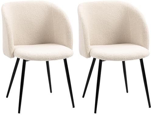 HOMCOM Lot de 2 Chaises de Salle à Manger 55 x 62 x 80 cm Beige Noir | Chaise de Cuisine, Tissu Effet Laine Boucleé, Pieds en Acier