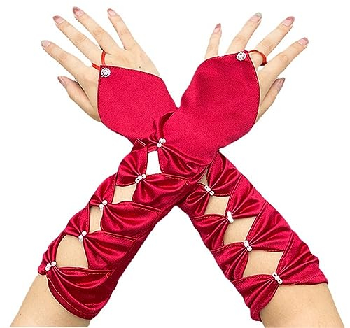 Wambere Damen Fingerlose Handschuhe Lange Satin Handschuhe Bowknot Vintage Brauthandschuhe Abendhandschuhe Tanzhandschuhe für Damen Mädchen Hochzeit Abschlussball Teeparty Kleidungs Zubehör,Weinrot