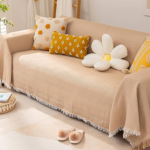 Gualiy Sofa Bezug 90x210cm, Einfarbiges Gitter mit Quasten Couch Überzug 2 Sitzer Sofabezug Waschbar Khaki Sofabezug für Wohnlandschaft