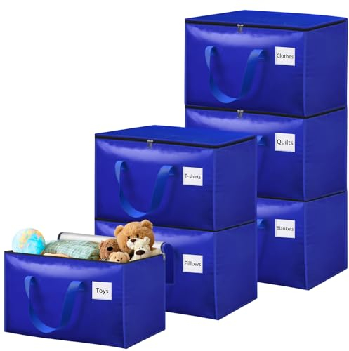 Withosent 100L Grande Bolsa de Almacenamiento, 6 Piezas Impermeable Bolsas de Mudanza con Cremallera y Asa, Bolsas para Guardar Ropa Edredones, Alternativa a las Cajas de Mudanza, Azul