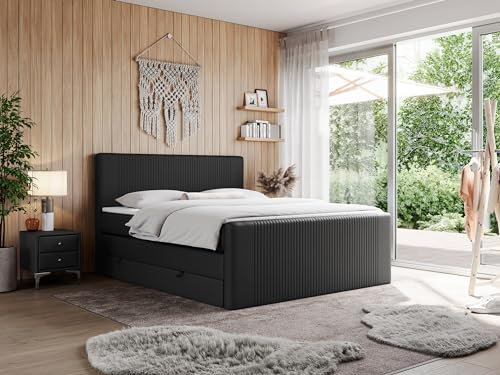 MKS MEBLE Boxspringbett Doren King 180x200 cm, Polsterbett mit Kopfteil und Bettkasten, Bett mit Multipocket-Matratze H3, Boxspringbett mit Topper T25 - Schwarz Kunstleder
