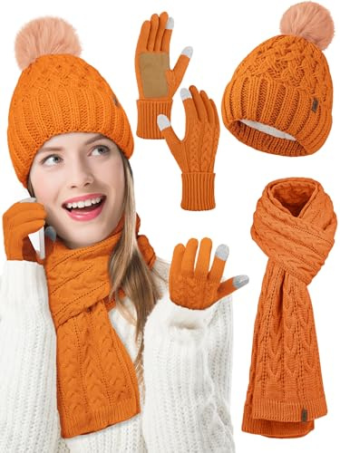 Aneco Damen-Wintermütze, Schal, Handschuhe mit Bommel, Fleece-Futter, Touchscreen-Handschuhe, Set, dick, warm, Strickmütze, 3-in-1-Set, Orange/Abendrot im Zickzackmuster (Sunset Chevron), Medium