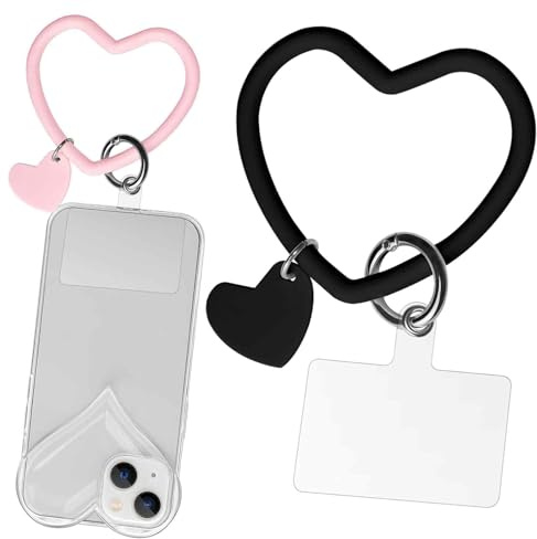 AFCJLTO Set di 2 Confezioni Cordino per Telefono con Anello a Cuore e Portachiavi, Compatibile con Smartphone e Badge Identificativi, Cinturino da Polso con 2 Patch sul Retro