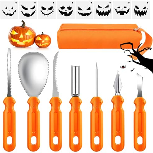 CIYIN 7 Stück Halloween Kürbis Schnitzset, Kürbis Schnitzset mit Vorlagen,Kürbis Schnitzen Set DIY Halloween Dekoration Edelstahl Kürbis Schnitzwerkzeuge für Kinder und Familie