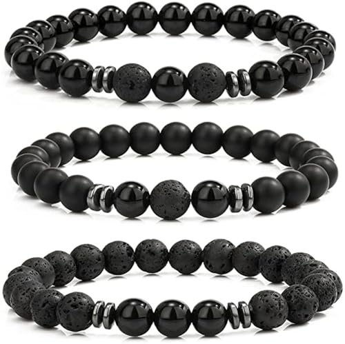 LOCCY Perlenarmband Herren, 3 Stück 8mm Perlenarmbänder Set Stretch Tigerauge Armband Lavastein Perlen Armband für Männer Fraun für Geburtstag Vatertag Weihnachten Geschenke