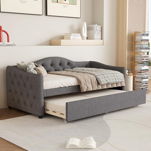 Lcoho Daybettt, 90x200cm Tagesbett mit ausziehbarem Bett,Schlafsofa, Einzelbett(Ohne Matratze), Leinen, minimalistisches Styling (Grau)