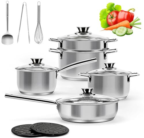14 Pezzi Set di Pentole e Padelle in Acciaio Inossidabile, set di Pentole per Induzione, Pentole con Vapore e Coperchi in Vetro e Set di Utensili, Adatto a tutti i Fornelli