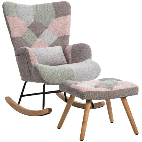 HAINEW Schaukelstuhl Schwingsessel mit Hocker und Armlehnen, Schaukelsessel Relaxsessel Polstersessel mit Holzsockel, Relaxstuhl für Wohnzimmer, Schlafzimmer, Bis 113 Kg Belastbar (P181753Z)