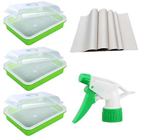 3 ciotole germinali con coperchio, contenitore germinale per erba di grano, gusci germinali per semi, 10 pezzi di carta germinale per piantare semi, gusci germinali con coperchio e ugello per la