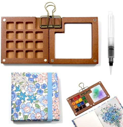 ZITUZY Aquarell Palette aus Holz, Skizzenbuch Palette Set, 15 Grids Mini Holz Reise Malpalette, Portable Paint Palette Travel Kit, mit Mini Aquarell-Zeichenbuch, Aquarellstift und Clip