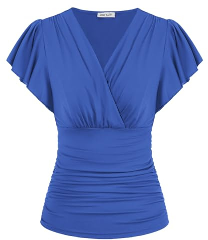 GRACE KARIN, Top da donna con maniche corte a volant, con scollo a V increspato, top casual estivo vintage, Blu pavone, XL