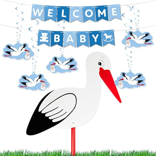 BRUBAKER Babyparty Deko Set - Welcome Baby Girlande + Großer Storch aus Holz für Jungen - Wimpelkette mit Anhängern und Klapperstorch - Willkommensdeko für Babyzimmer und Dekoration - Blau