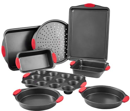 VEVOR Moule à pâtisserie, lot de 8, moule à charnière antiadhésif en acier au carbone, plaque et plateau de cuisson empilable avec poignée en silicone, pour cuisson de biscuits, gâteaux, muffins, noir
