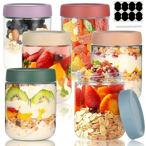 Overnight Oats Jar, 6 Pcs Glass Container with Sealed Screw Lid, 16 Oz Wide-Mouthed Sealed Food Storage Container, Mason Salad Jar is Used to Store Grains, Yogurt, Fruits, Candies, and Jams.
