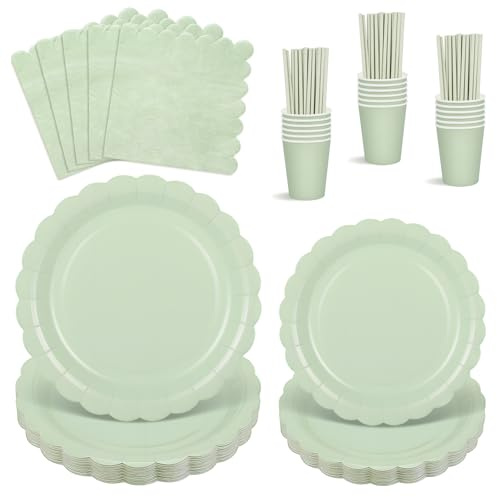 Set di 125 stoviglie per feste, per 25 ospiti, piatti di carta ondulati, verde salvia e cannucce di carta per baby shower, compleanni, matrimoni