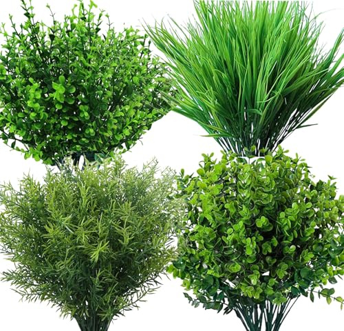 Toprooms 12 Bundles Artificial Flowers,Artificial Plants Outdoor UV Resistant Shrubs Plants for Hanging Planter Faux Plants Home Garden Wedding Porch Window Decor (Artificial plants outdoor green)