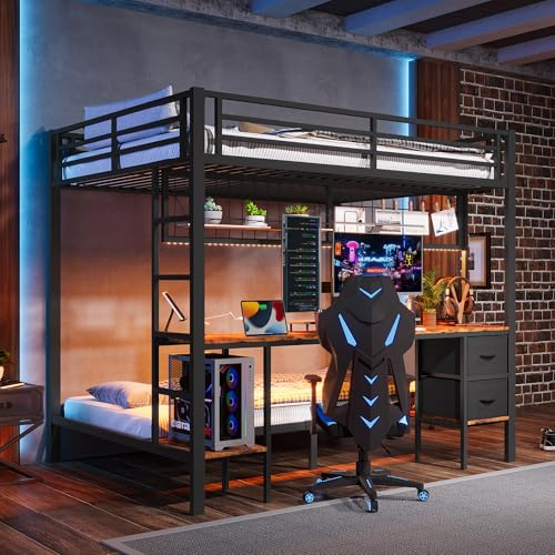 Merax Etagenbett 90x200 + 140x200 cm für 2 Kinder Hochbett mit Schreibtisch, LED-Beleuchtung, USB-Anschlüssen, 2 Schubladen, Ablageflächen & Aufhängeregale Metallbettgestell(ohne Matratze), Schwarz