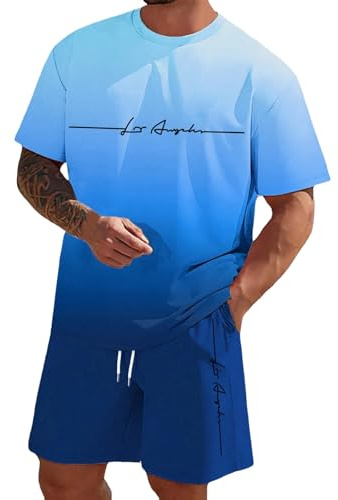 WAZHAKU Sommer Outfit Herren Trainingsanzug mit Farbverlauf T-Shirt und Shorts Set Zweiteiler Herren Sommer Jogginganzug Kurzarm Freizeitanzug Streetwear 2 Teiliges Sportanzug Hausanzug Activewear