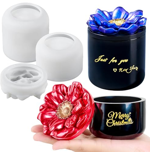 3 PCS Silicone Jar Molds for Resin with Poppy Flower Lid, Jar Resin Molds | 3D Flower Jar Silicone Molds for Epoxy Resin, DIY Jewelry Storage Box Candy Container Candle Jar, Home Decor, Flexible Clear