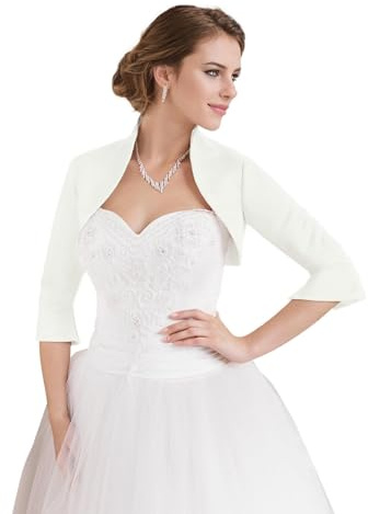 AUTTOGirl Boléro en satin pour femme - Élégante veste de mariage - Manches 3/4 - Parfait pour la mariée, le mariage et le bal de fin d'année, ecru, XX-Large