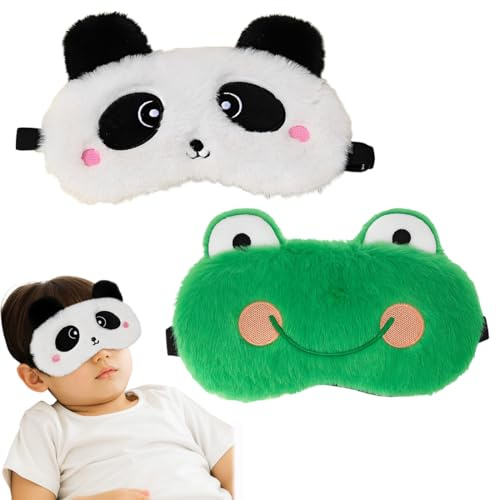 2 PCS Maschera per Dormire Animale, 3D Maschere da Sonno in Peluche Soffice Morbido, Benda Occhi per Dormire Peluche dei Cartoni Animati Divertenti per Bambini e Adulti (Panda + Rana)