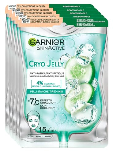 Garnier SkinActive Cryo Jelly Maschera Viso Anti-Fatica Effetto Ghiaccio Trattamento Rassodante per Pelli Stanche e Spente con Acido Ialuronico Formula Vegana - 5 Maschere Monouso