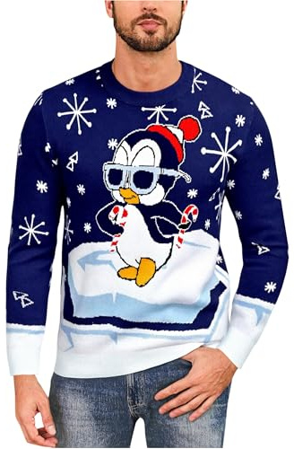 Demegimi Jersey Hombre Navidad Divertido Suéter para Invierno Jersey Navideño Feo de Pingüinos Redondo Pullover de Punto