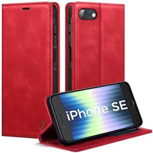 AIMOYU Handyhülle für iPhone SE 2022/SE 2020/iPhone 8/iPhone 7 Hülle, Premium Lederhülle Flip Case Magnet Tascher Kartenfach Standfunktion Klapphülle Schutzhülle für iPhone SE-Hülle, Rot