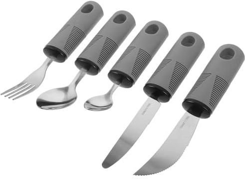 Mikinona Cubiertos Antideslizantes Adaptativos para Ancianos Portátil Mango Grueso Gris Utensilios Ergonómicos para Personas con Temblores y Movilidad Reducida Fáciles de Limpiar y
