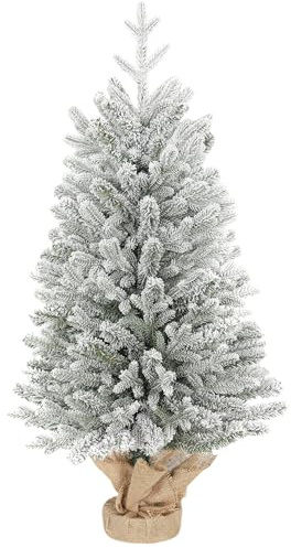 HOMCOM Mini Künstlicher Weihnachtsbaum 90 cm mit Schnee, 486 Spitzen | Künstlich Tannenbaum, Zementbasis mit Leinenbezug, Weihnachtsdeko für Drinnen, Büro, Wohnzimmer