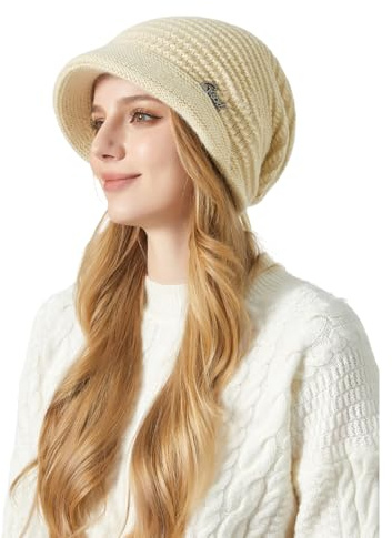 AYPOW Femme Laine Bonnet d'hiver Chaud avec Bord, Thermique Coupe-Vent Doublé en Polaire Tricoté Protection des Oreilles Chapeau de Visière Béret Casquette, Beanie Caps pour l'extérieur Quotidien
