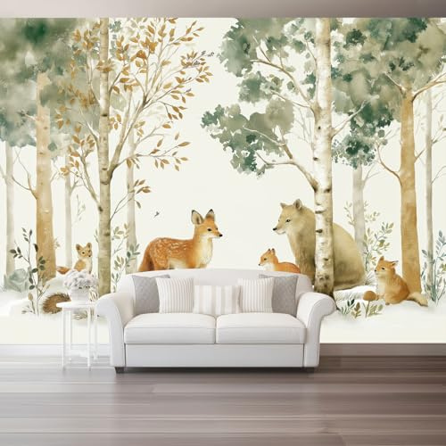 300 x 210 cm Papier peint panoramique Revêtement mural décoration salon, Design Aquarelle Forêt Animaux Renard pour chambre salon cuisine, Kaki Papier Peint Intissé Décoration Murale
