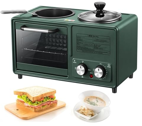 Máquina de desayuno multifuncional de 1600 W, estación de desayuno 4 en 1 con sartén antiadherente, con calefacción de sección N superior e inferior para acampar o en casa