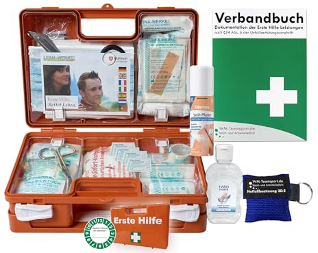 Verbandskoffer/Verbandskasten (K) Typ CSN - Erste Hilfe nach aktueller DIN 13157 für Betriebe -DSGVO- INKL. PERFORIERTEM VERBANDBUCH + Hygiene-Gel, Sprühpflaster & Notfallbeatmung