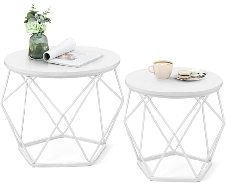 VASAGLE Couchtisch rund, 2er Set, Wohnzimmertisch, Beistelltisch, modern, abnehmbare Tischplatte, für Wohnzimmer, schneeweiß-wolkenweiß LET040W46
