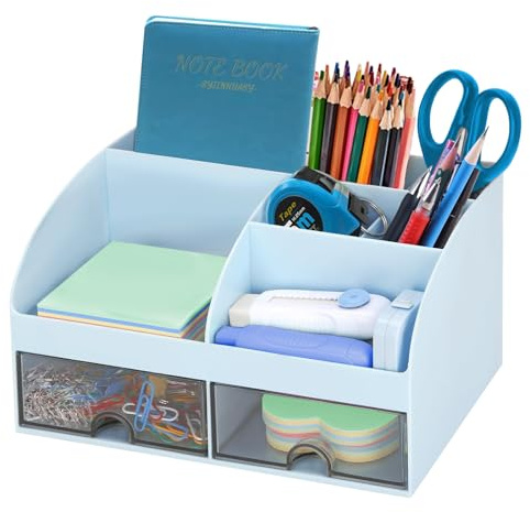 SYJINHUASY Multifunktionaler Schreibtisch Organizer, Kompakter Büroorganizer mit 5 Fächern & 2 Schubladen,Plastik Tisch Organizer für Büro Zuhause Schule (Blue-B)
