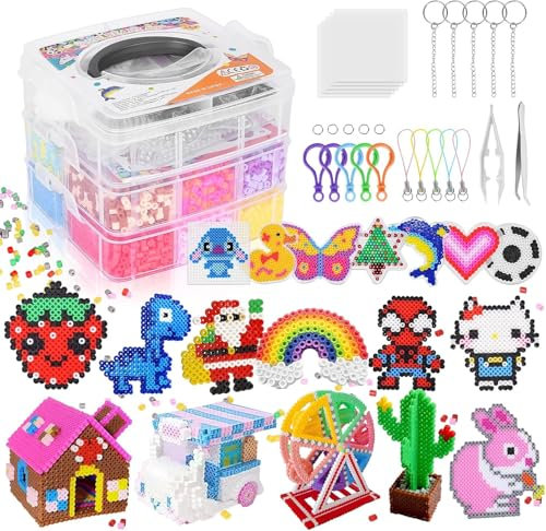 11000 Stück Bügelperlen Set 24 Farben 5mm Steckperlen 34 Muster Mit Aufbewahrungsbox, Bügelperlen Platten, Benutzerführung Kinder DIY Perlen für Schmuck Deko Geschenk Bastelideen für Mädchen Junge 5+