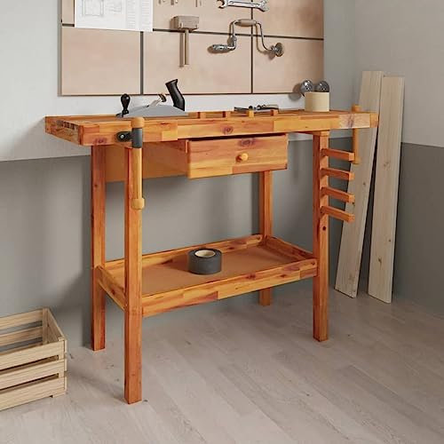 Fasba Werkbank, Arbeitstisch mit Schubladen Schraubstöcken, Werktisch für Garage Werkstatt Schuppen, Werkzeugtisch Werkstatttisch, Akazie 124x52x83 cm
