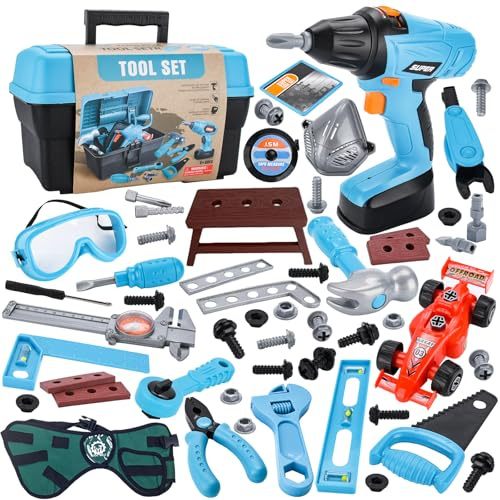 TAVADA Caisse A Outil Enfant,Boîte à Outils Enfants Malette Outils Enfant avec Perceuse Électrique,Sac à Outils,Jouet Outil NoëL Cadeau Garcon Fille 3 Ans+