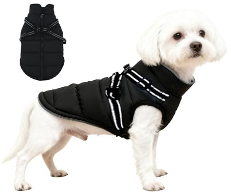 Manteau pour Chien Hiver Petite Taille, ZoneYan Imperméable Manteau Chien avec Harnais Réfléchissants et Réglable, Veste Chauds Chiens Vêtements, Gilet de Protection Contre pour Chiot (Noir, S)