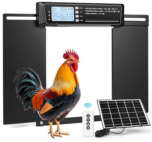 PUTINEI Größe Automatische Hühnerklappe Solar, Seitlich Öffnende Doppelschiebetür, Elektrische Hühnerklappe Automatisch Hühnertür mit Timer, Lichtsensor, Fernbedienung, Intelligenter Einklemmschutz