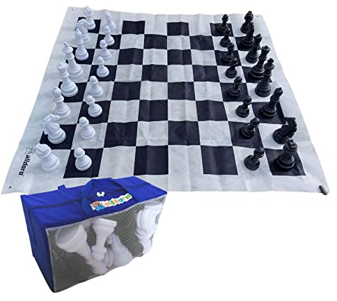 alldoro 60080 - Ajedrez para jardín, juego de ajedrez al aire libre, con 32 figuras de ajedrez, compartimento gigante con bolsa de transporte, gran alfombra de jardín