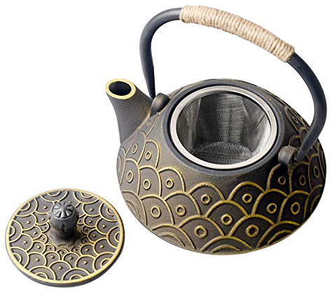 HwaGui Japanische Teekanne Gusseisen mit Edelstahl Siebeinsatz für Loser Blätter Tee 0.8 L (4 tassen), Gold Drachenschuppen Tee Kanne [MEHRWEG]