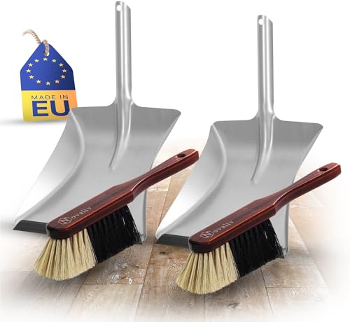 Novaliv Lot de 2 pelles à balayette en bois marron laqué avec lame en caoutchouc et poils souples